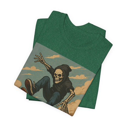 Skater Skeleton Hoodie Graphic Tee - Bold Comic Art Shirt for Men and Women - Colorful Streetwear T-Shirt for Skull and Skate Lovers