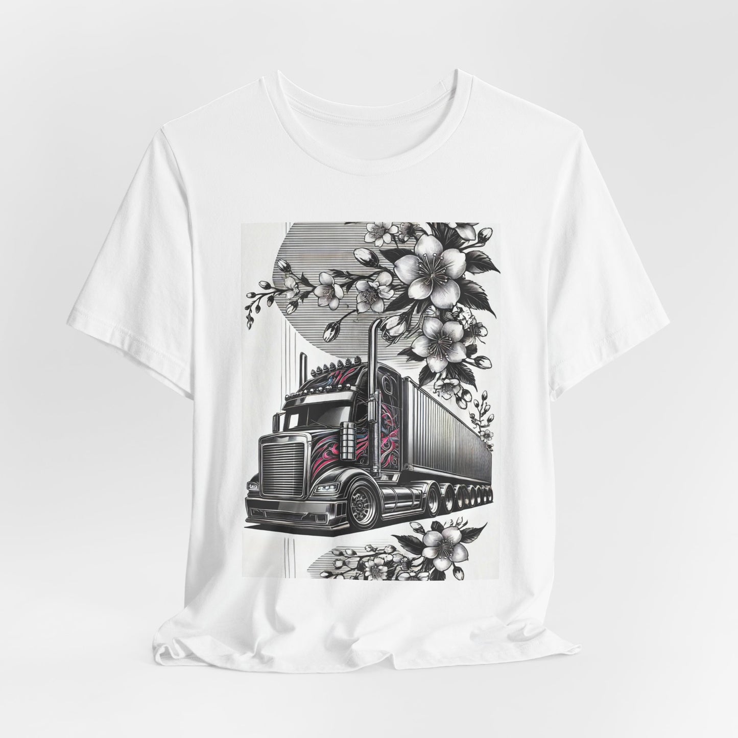 Cherry Blossom Convoy T-Shirt | Japanese Sakura x Modern Truck Art | Unique Graphic Tee for Drivers & Streetwear Lovers No.002