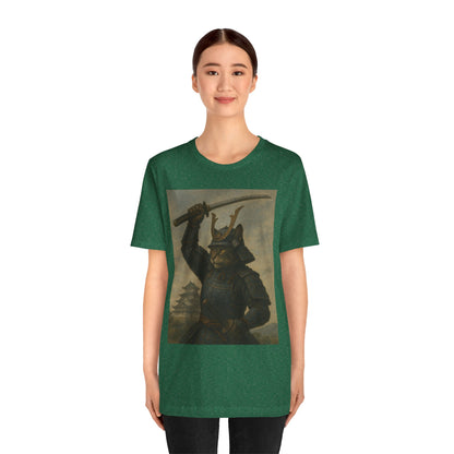 Cat Samurai Strike Tee | Epic Armored Feline Raising Katana | Japanese Warrior Art Unisex Shirt