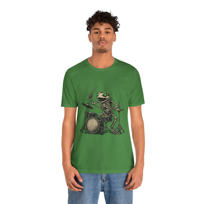 Skeleton Frog Drummer Shirt with Glowing Green Eyes Rock Band Art Tee for Musicians Frog Lovers Halloween and Concert Wear