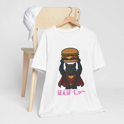Superhero Cat Holding Cheeseburger T-Shirt - Funny Comic Style Tee for Burger Lovers - Unique Hero Cat Graphic Shirt - Unisex Gift