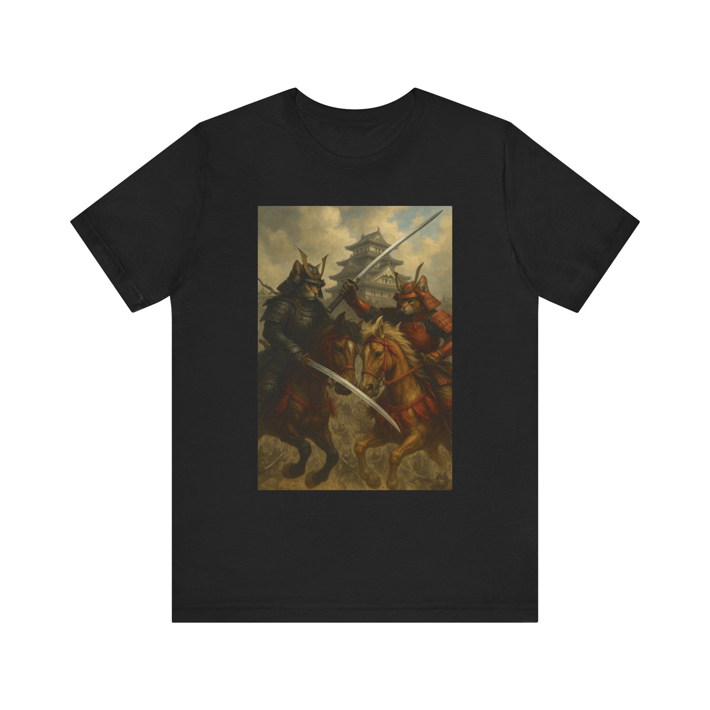 Epic Cat Samurai Battle Tee - War Horses Clash in Front of Japanese Castle  Feline Warrior Art Shirt for Fantasy & Japan Lovers