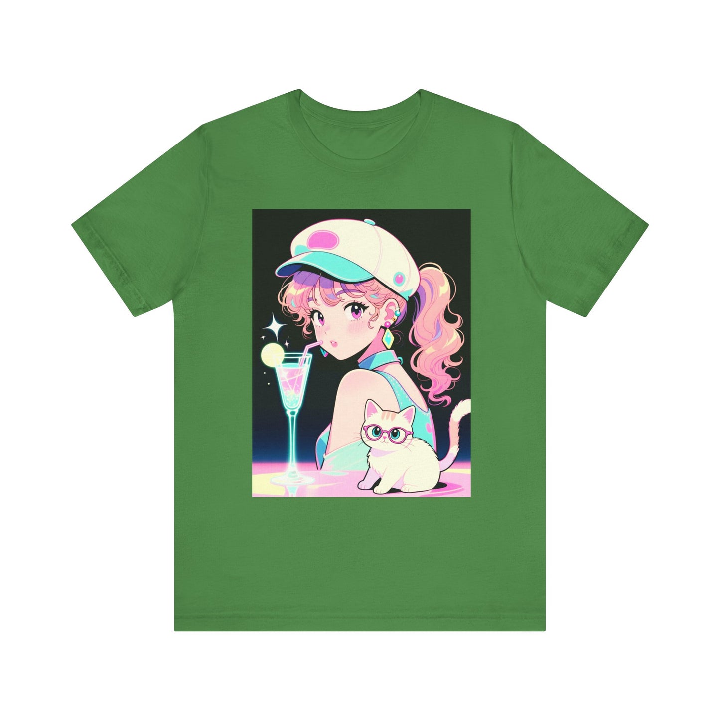 Retro Girl and Cat T Shirt Vaporwave Pastel Anime Shoujo Graphic Tee Neon Cocktail Aesthetic Kawaii Gift for Daughter or Dad Casual Streetwear