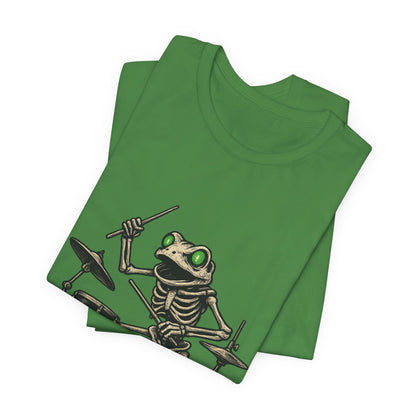 Skeleton Frog Drummer Shirt with Glowing Green Eyes Rock Band Art Tee for Musicians Frog Lovers Halloween and Concert Wear