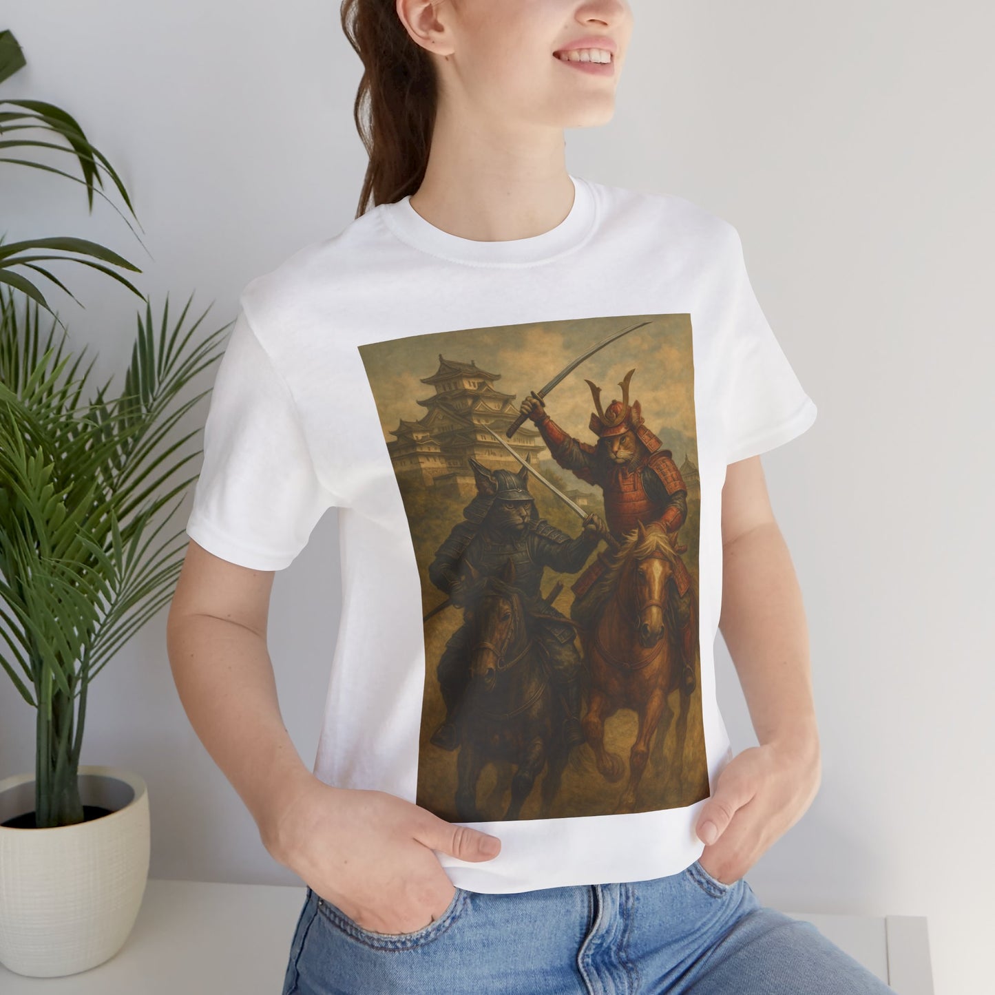 Epic Cat Samurai Battle Tee - War Horses Clash in Front of Japanese Castle  Feline Warrior Art Shirt for Fantasy & Japan Lovers