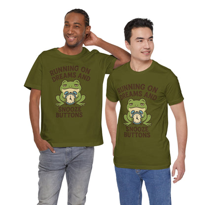 Running on Dreams and Snooze Buttons Shirt Sleepy Frog Tee Funny Night Owl Top Great Dad Gift Cozy Loungewear Aesthetic
