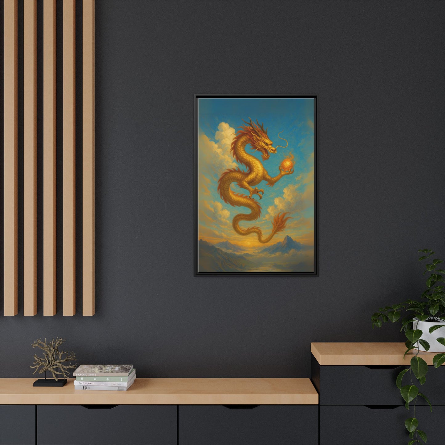 Golden Dragon Canvas Feng Shui Wall Art Asian Myth Painting Sky Cloud Mountain Good Luck Decor Gift for Dad Living Room Office