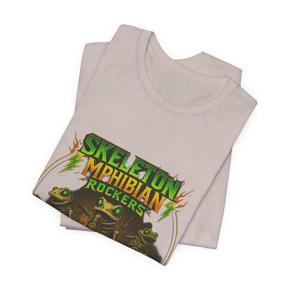 Skeleton Amphibian Rockers Album Cover Tee - Green Eyed Skeleton Frog Band Vocal Guitar Piano Drums Rock Art Shirt