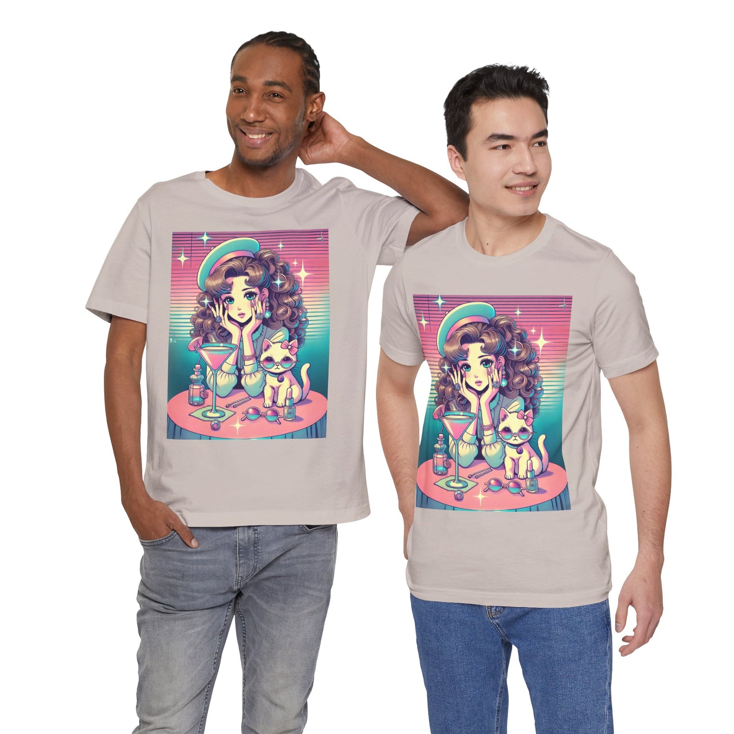 Retro Girl and Cat Graphic Tee Vaporwave Pastel Aesthetic Cocktail Lounge 80s Inspired Shoujo Style T Shirt Gift for Daughter or Dad