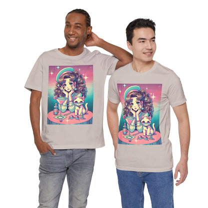Retro Girl and Cat Graphic Tee Vaporwave Pastel Aesthetic Cocktail Lounge 80s Inspired Shoujo Style T Shirt Gift for Daughter or Dad