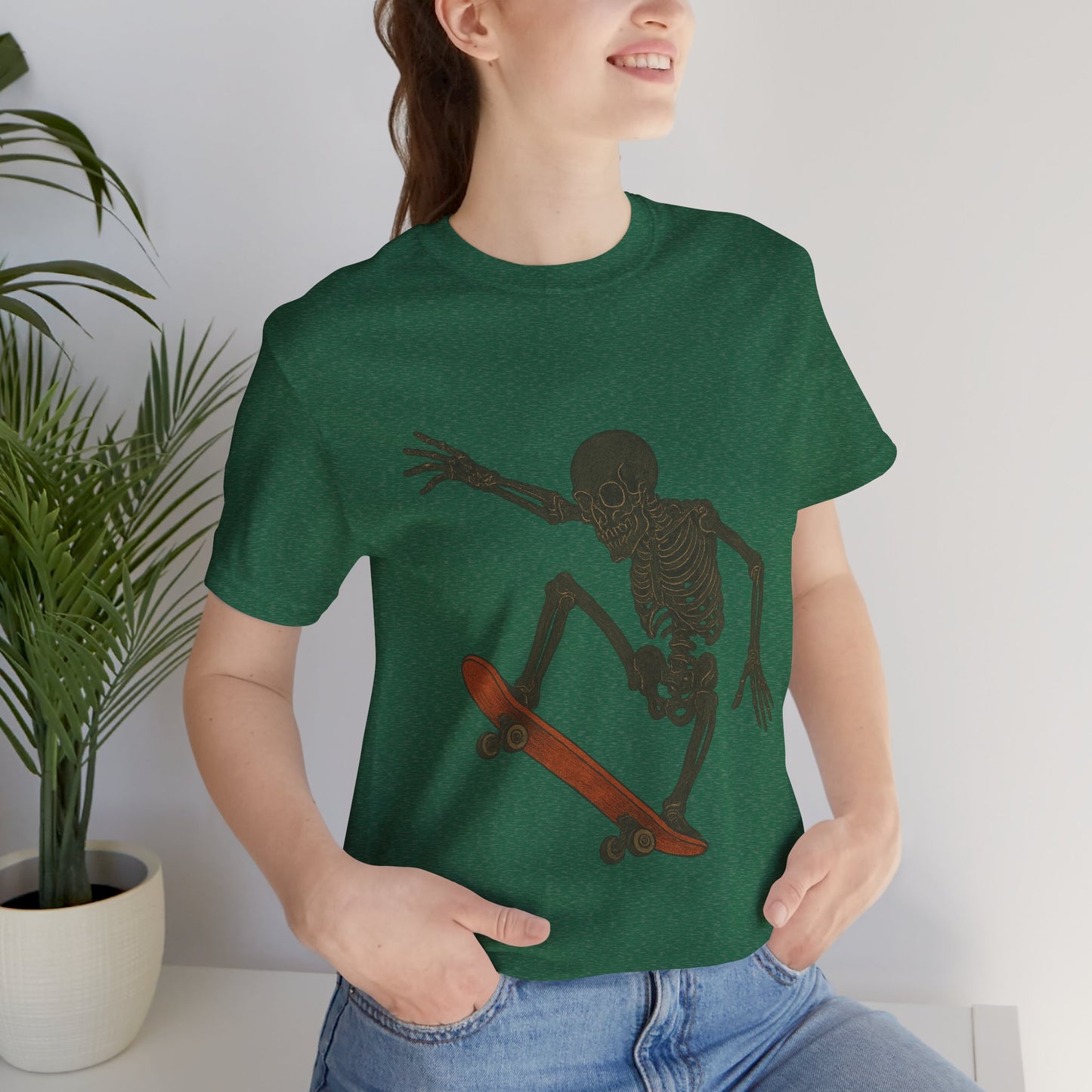 Skater Skeleton Graphic Tee for Adults - Vintage-Style Skeleton Skateboarding Shirt - Edgy Streetwear T-Shirt for Skaters and Art Lovers