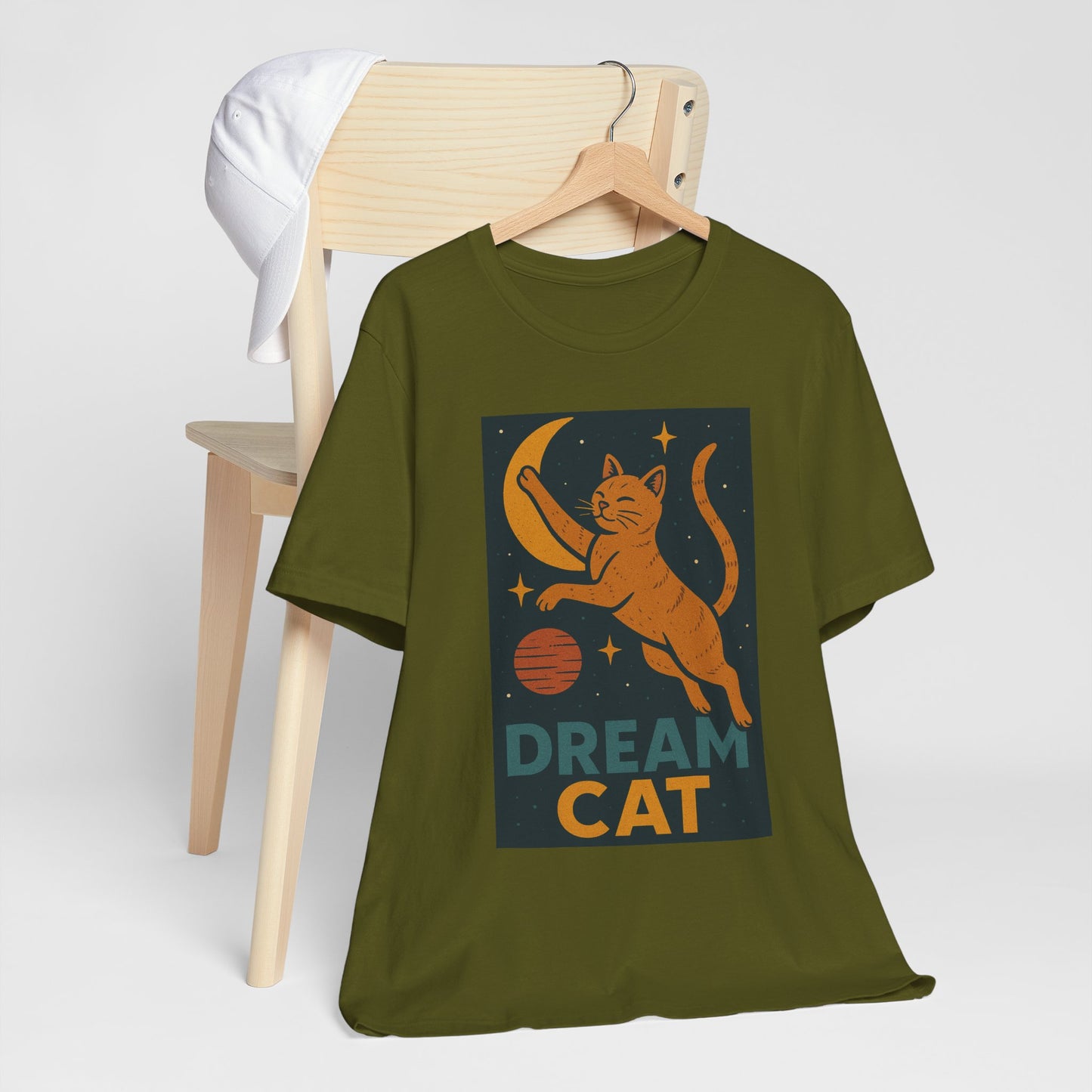 Dream Cat Shirt Retro Space Kitty Tee Moon and Stars Poster Style Japan Inspired Vintage Graphic Gift for Cat Lovers and Dad