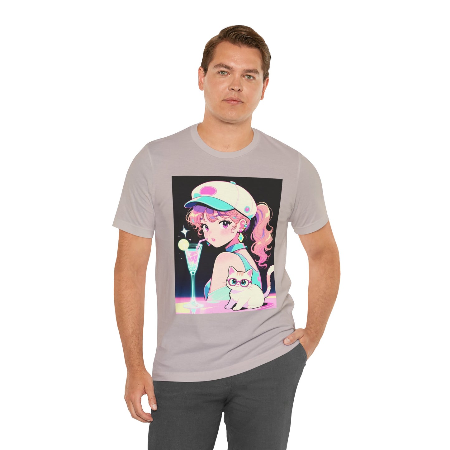 Retro Girl and Cat T Shirt Vaporwave Pastel Anime Shoujo Graphic Tee Neon Cocktail Aesthetic Kawaii Gift for Daughter or Dad Casual Streetwear