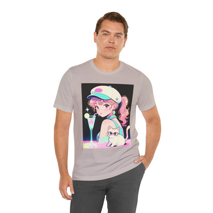 Retro Girl and Cat T Shirt Vaporwave Pastel Anime Shoujo Graphic Tee Neon Cocktail Aesthetic Kawaii Gift for Daughter or Dad Casual Streetwear
