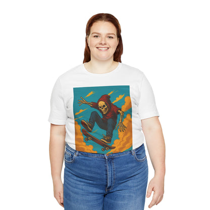 Skater Skeleton Hoodie Graphic Tee - Bold Comic Art Shirt for Men and Women - Colorful Streetwear T-Shirt for Skull and Skate Lovers