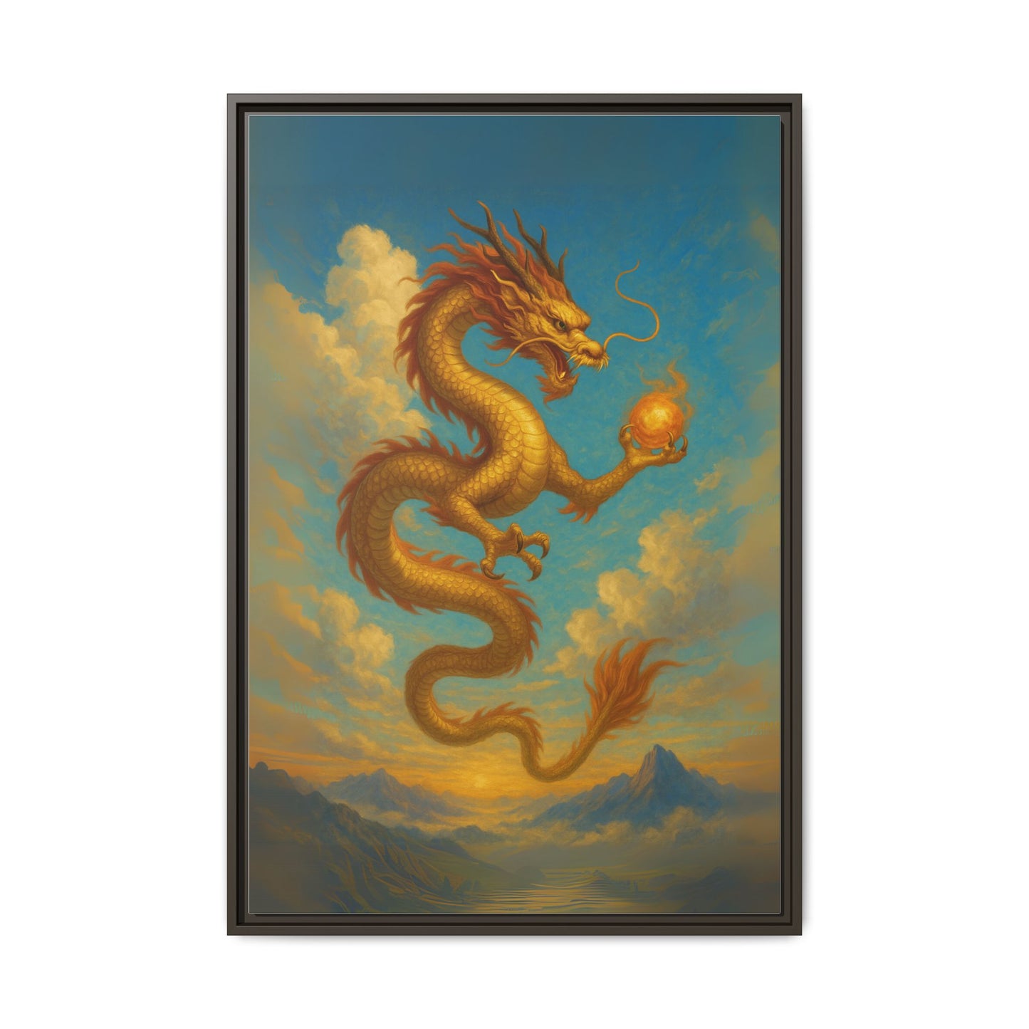 Golden Dragon Canvas Feng Shui Wall Art Asian Myth Painting Sky Cloud Mountain Good Luck Decor Gift for Dad Living Room Office