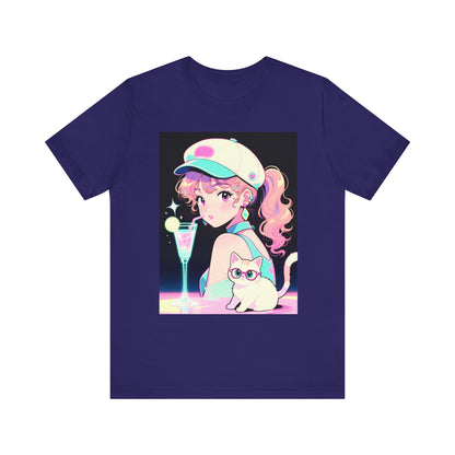 Retro Girl and Cat T Shirt Vaporwave Pastel Anime Shoujo Graphic Tee Neon Cocktail Aesthetic Kawaii Gift for Daughter or Dad Casual Streetwear
