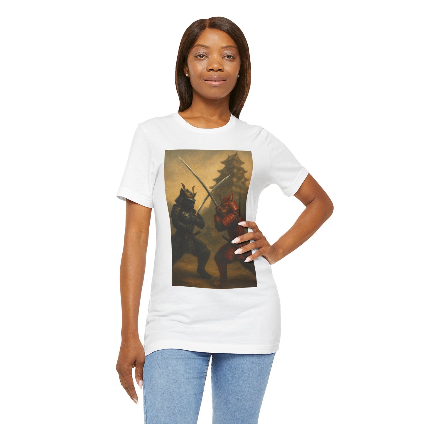 Epic Cat Samurai Battle Tee - War Horses Clash in Front of Japanese Castle  Feline Warrior Art Shirt for Fantasy & Japan Lovers