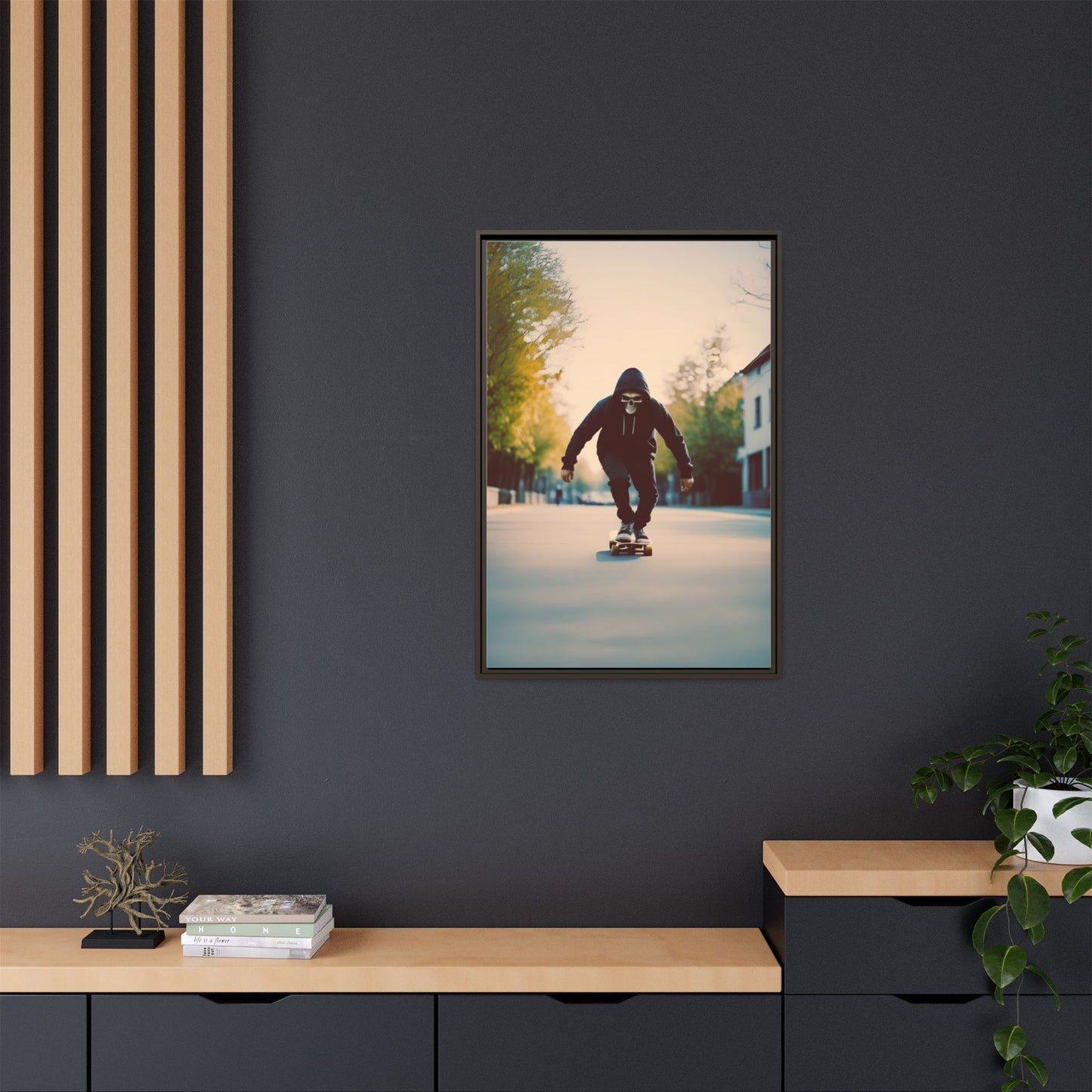 Skull Hoodie Skater Canvas Print Urban Street Art Skateboard Wall Decor Dawn Ride Gift for Dad Teen Room Gothic Vibe