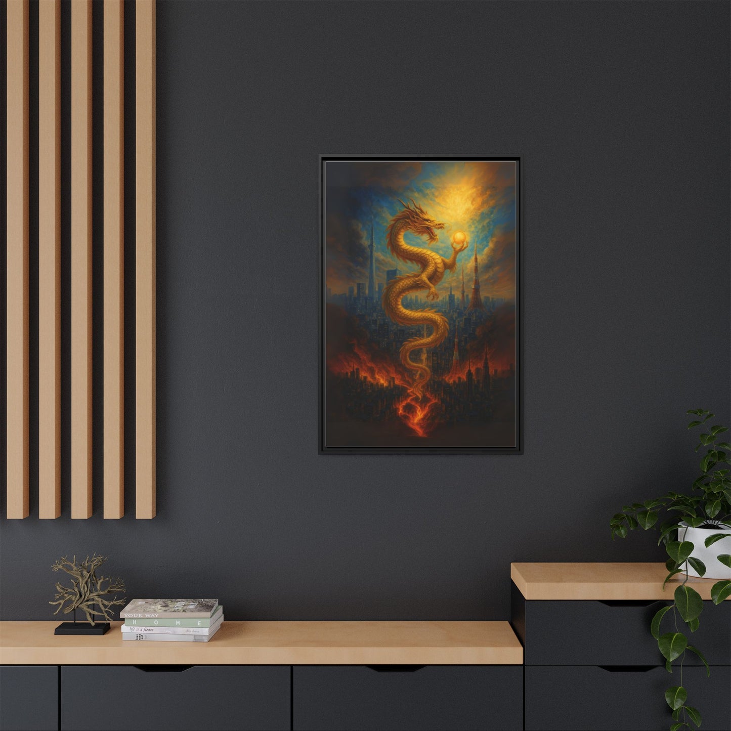 Neo Tokyo Golden Dragon Canvas Wall Art Japan Inspired Skyline Painting Feng Shui Good Luck Decor Dragon Pearl Gift for Dad