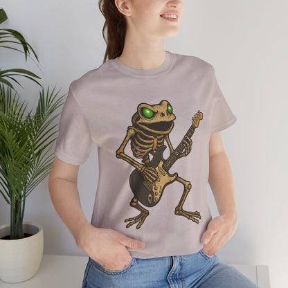 Skeleton Frog Shredding Electric Guitar Tee - Glowing Green Eyes Rock Art Shirt for Musicians Frog Lovers and Gothic Punk Style