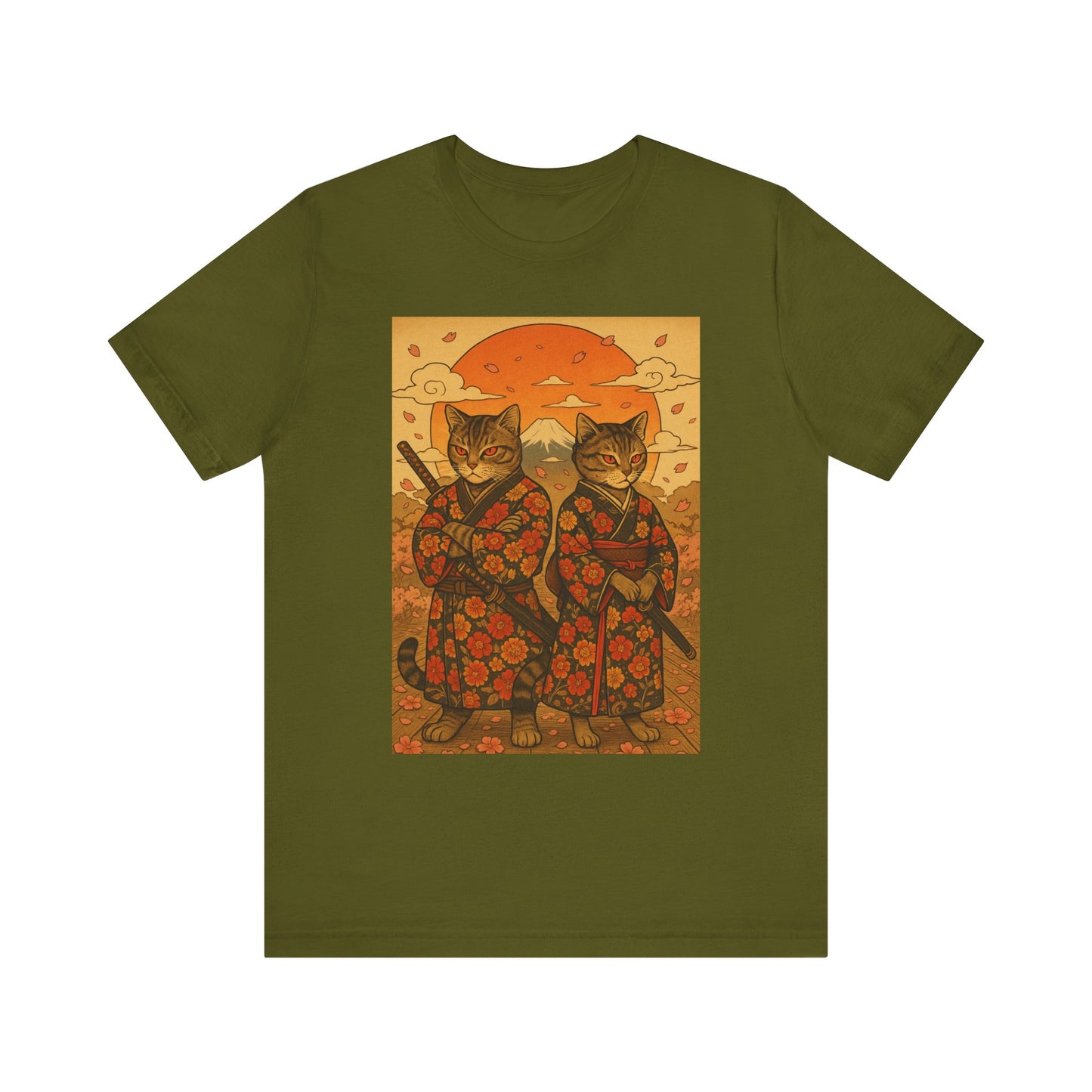 Samurai Cat T-Shirt - Floral Kimono Warrior with Katana | Japanese Ukiyo-e Style, Cherry Blossoms & Mount Fuji | Bold Cat Art Tee