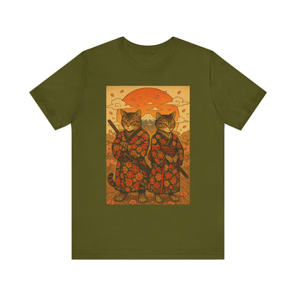 Samurai Cat T-Shirt - Floral Kimono Warrior with Katana | Japanese Ukiyo-e Style, Cherry Blossoms & Mount Fuji | Bold Cat Art Tee