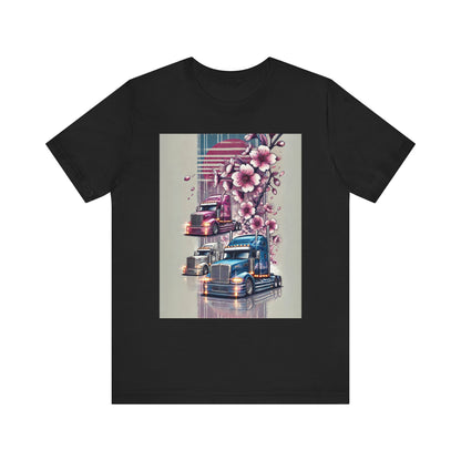 Cherry Blossom Convoy T-Shirt | Japanese Sakura x Modern Truck Art | Unique Graphic Tee for Drivers & Streetwear Lovers No.004