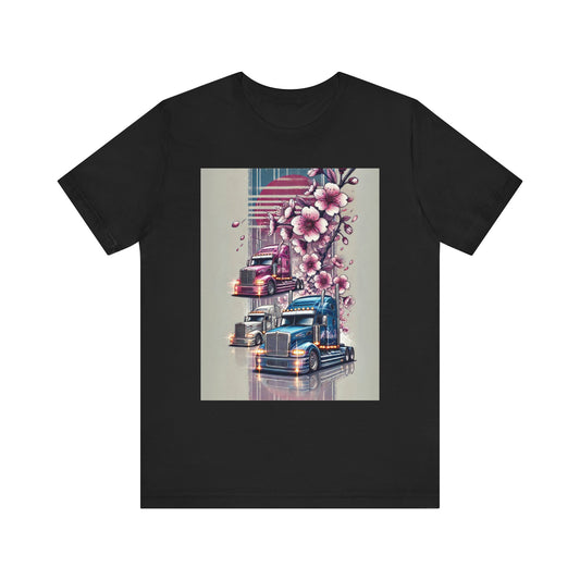 Cherry Blossom Convoy T-Shirt | Japanese Sakura x Modern Truck Art | Unique Graphic Tee for Drivers & Streetwear Lovers No.004
