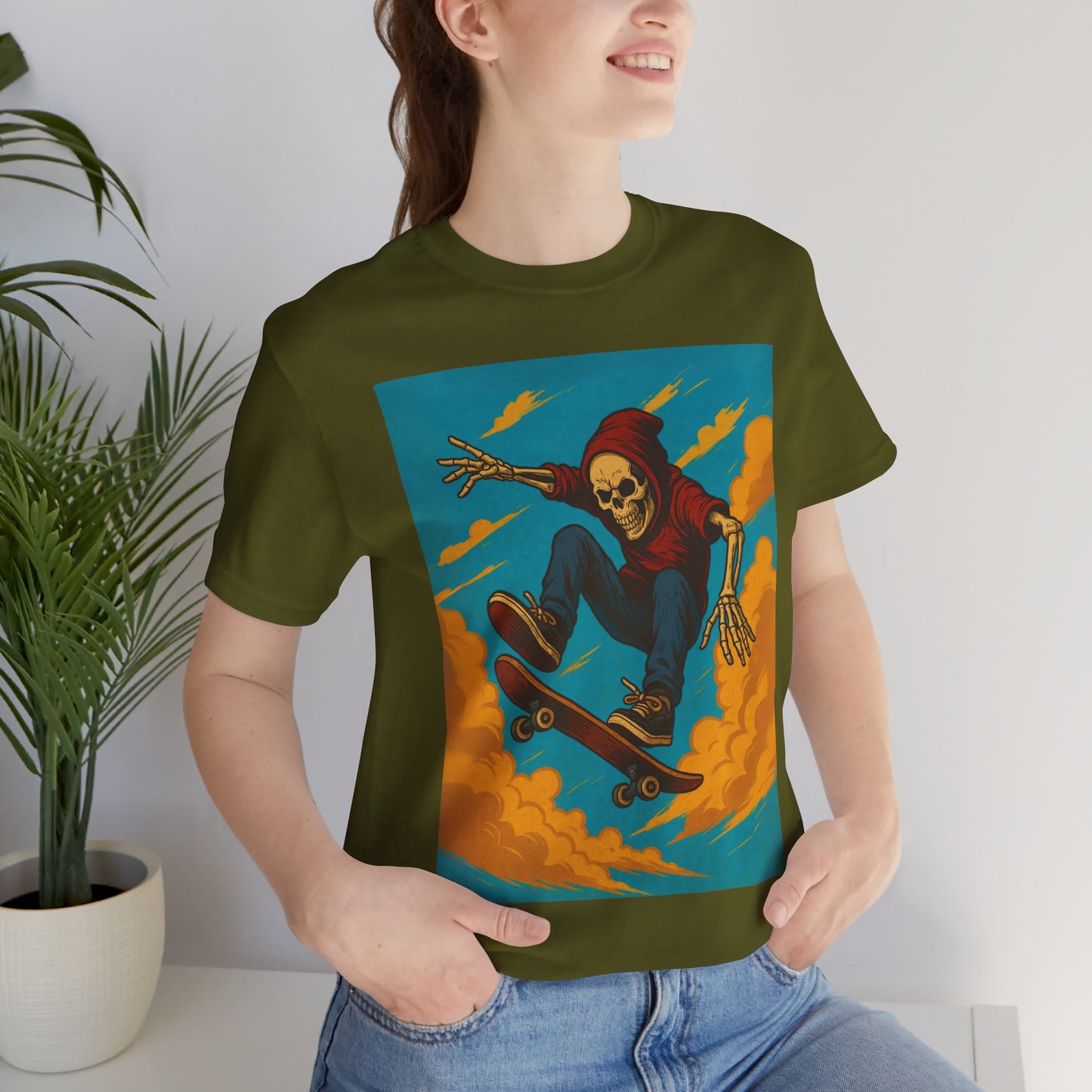 Skater Skeleton Hoodie Graphic Tee - Bold Comic Art Shirt for Men and Women - Colorful Streetwear T-Shirt for Skull and Skate Lovers