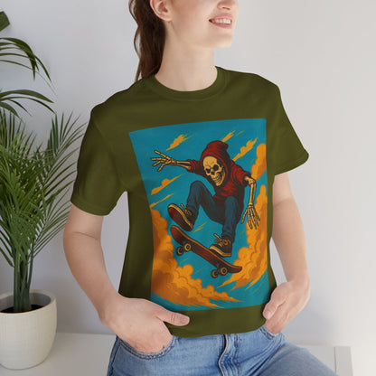 Skater Skeleton Hoodie Graphic Tee - Bold Comic Art Shirt for Men and Women - Colorful Streetwear T-Shirt for Skull and Skate Lovers