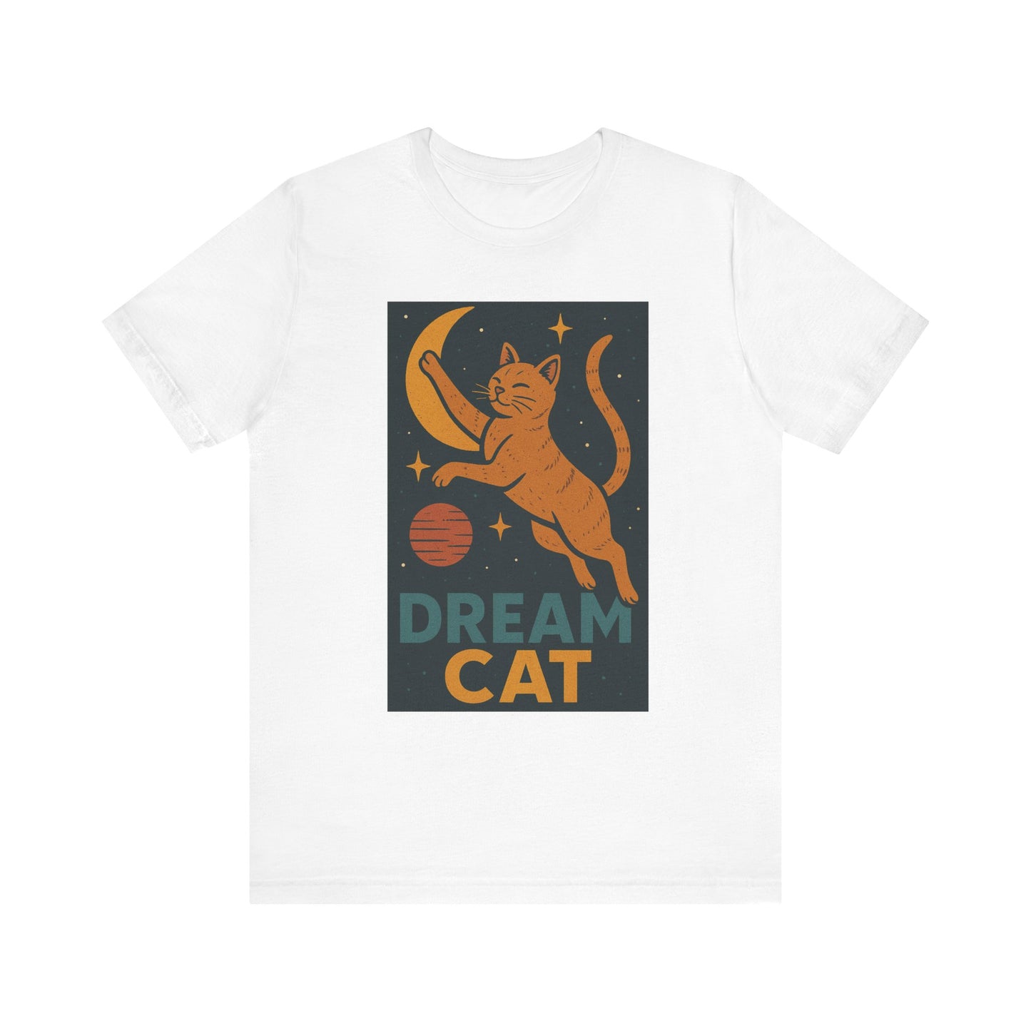 Dream Cat Shirt Retro Space Kitty Tee Moon and Stars Poster Style Japan Inspired Vintage Graphic Gift for Cat Lovers and Dad