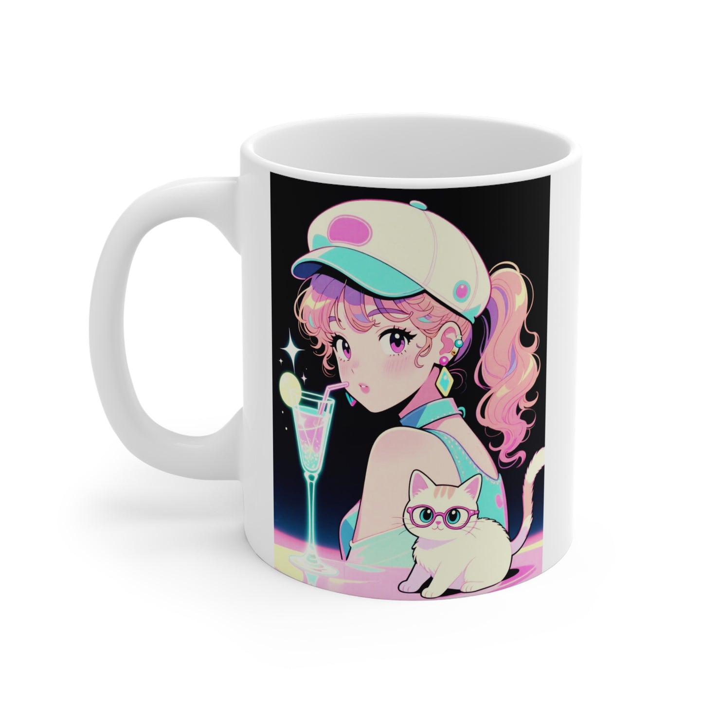 Retro Girl and Cat Mug Vaporwave Pastel Anime Shoujo Coffee Cup Neon Cocktail Aesthetic Kawaii Gift for Daughter or Dad Office Desk