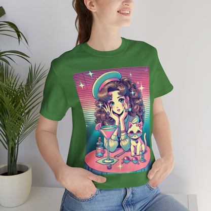 Retro Girl and Cat Graphic Tee Vaporwave Pastel Aesthetic Cocktail Lounge 80s Inspired Shoujo Style T Shirt Gift for Daughter or Dad