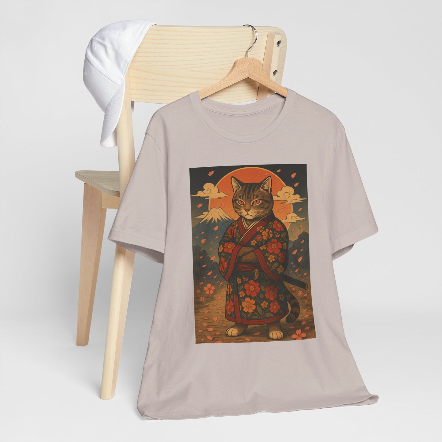 Samurai Cat T-Shirt - Floral Kimono Warrior with Katana | Japanese Ukiyo-e Style, Cherry Blossoms & Mount Fuji | Bold Cat Art Tee