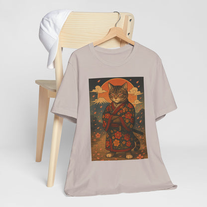 Samurai Cat T-Shirt - Floral Kimono Warrior with Katana | Japanese Ukiyo-e Style, Cherry Blossoms & Mount Fuji | Bold Cat Art Tee