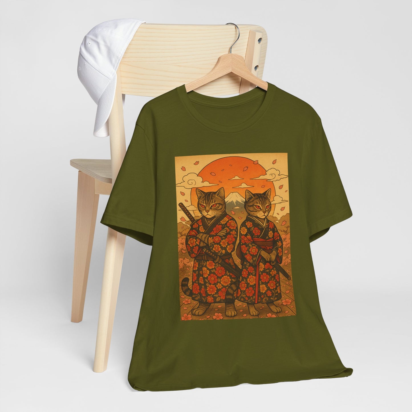 Samurai Cat T-Shirt - Floral Kimono Warrior with Katana | Japanese Ukiyo-e Style, Cherry Blossoms & Mount Fuji | Bold Cat Art Tee