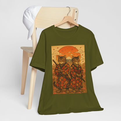 Samurai Cat T-Shirt - Floral Kimono Warrior with Katana | Japanese Ukiyo-e Style, Cherry Blossoms & Mount Fuji | Bold Cat Art Tee