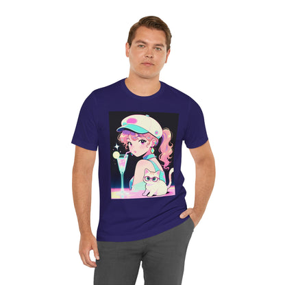 Retro Girl and Cat T Shirt Vaporwave Pastel Anime Shoujo Graphic Tee Neon Cocktail Aesthetic Kawaii Gift for Daughter or Dad Casual Streetwear