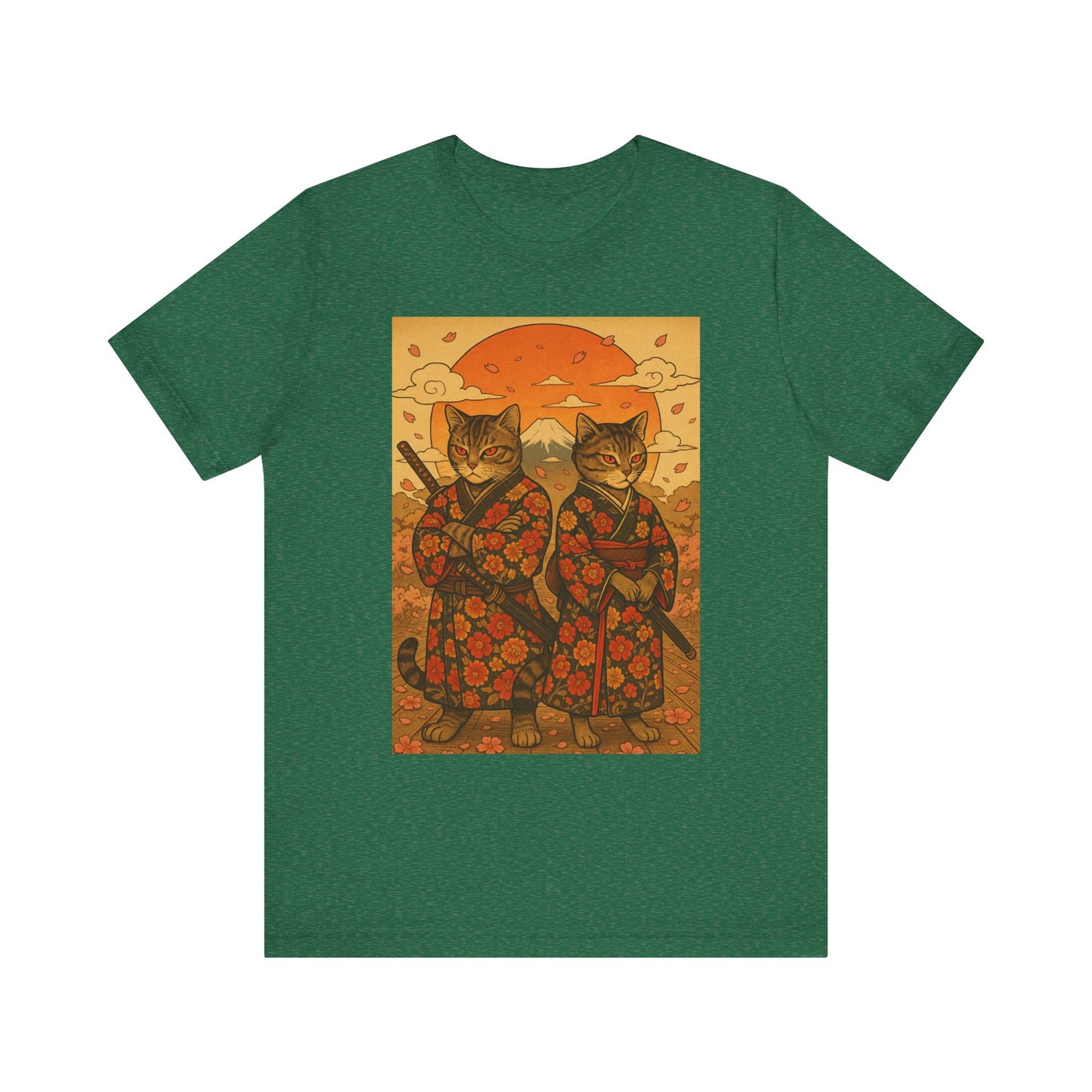 Samurai Cat T-Shirt - Floral Kimono Warrior with Katana | Japanese Ukiyo-e Style, Cherry Blossoms & Mount Fuji | Bold Cat Art Tee