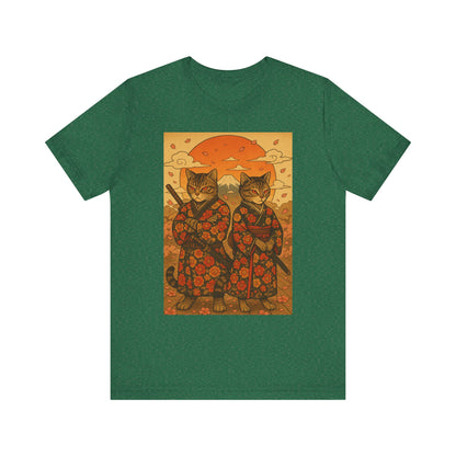 Samurai Cat T-Shirt - Floral Kimono Warrior with Katana | Japanese Ukiyo-e Style, Cherry Blossoms & Mount Fuji | Bold Cat Art Tee