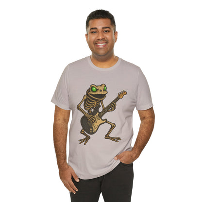 Skeleton Frog Shredding Electric Guitar Tee - Glowing Green Eyes Rock Art Shirt for Musicians Frog Lovers and Gothic Punk Style
