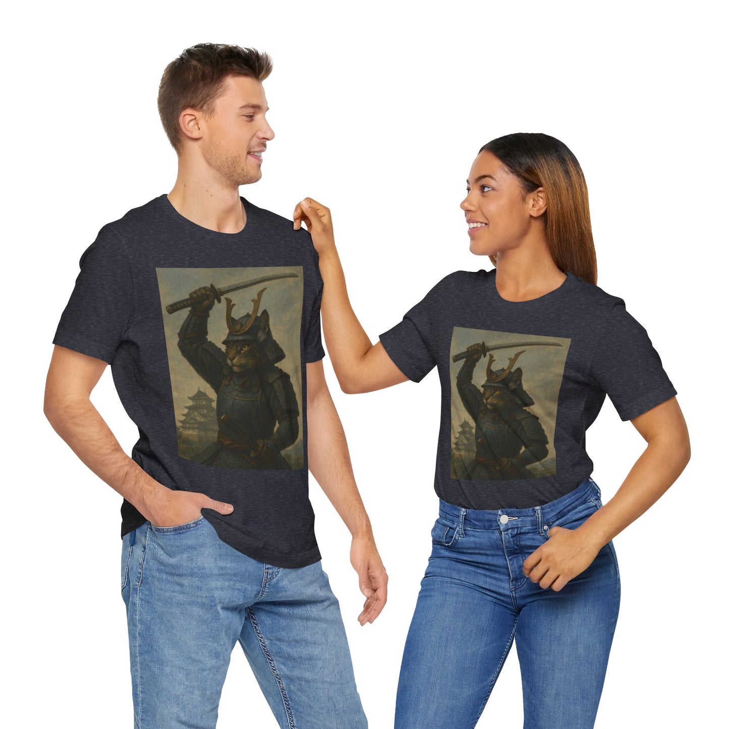 Cat Samurai Strike Tee | Epic Armored Feline Raising Katana | Japanese Warrior Art Unisex Shirt