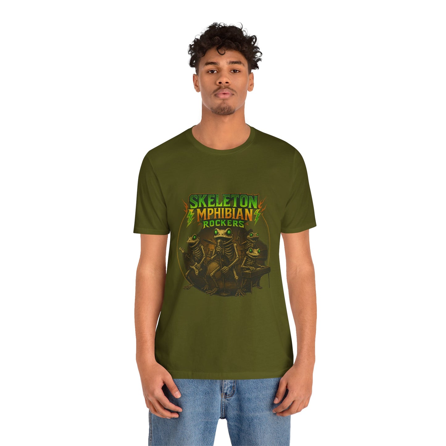 Skeleton Amphibian Rockers Album Cover Tee - Green Eyed Skeleton Frog Band Vocal Guitar Piano Drums Rock Art Shirt