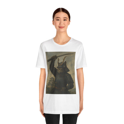 Cat Samurai Strike Tee | Epic Armored Feline Raising Katana | Japanese Warrior Art Unisex Shirt