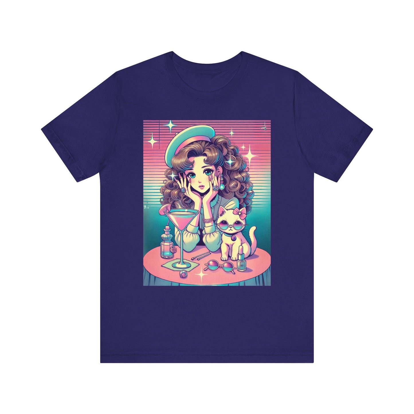 Retro Girl and Cat Graphic Tee Vaporwave Pastel Aesthetic Cocktail Lounge 80s Inspired Shoujo Style T Shirt Gift for Daughter or Dad