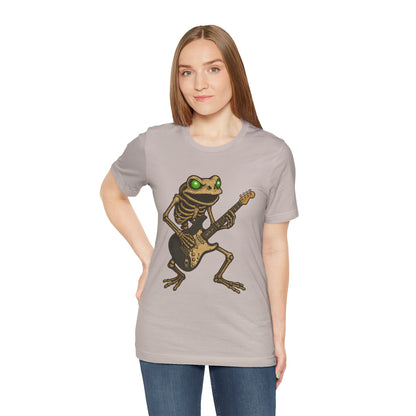 Skeleton Frog Shredding Electric Guitar Tee - Glowing Green Eyes Rock Art Shirt for Musicians Frog Lovers and Gothic Punk Style