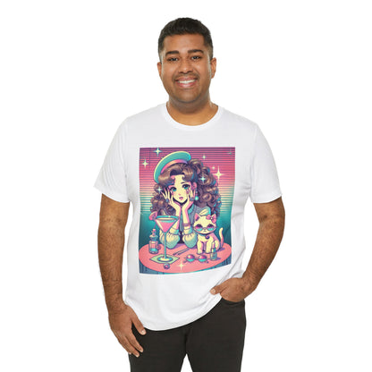 Retro Girl and Cat Graphic Tee Vaporwave Pastel Aesthetic Cocktail Lounge 80s Inspired Shoujo Style T Shirt Gift for Daughter or Dad