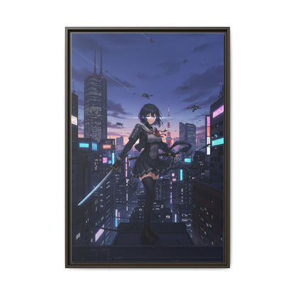 Cyber Ninja Girl Canvas Tokyo Skyline Anime Wall Art Futuristic Night City Samurai Sword Gift for Daughter or Dad Gaming Room Decor