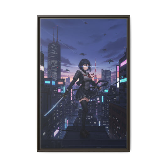 Cyber Ninja Girl Canvas Tokyo Skyline Anime Wall Art Futuristic Night City Samurai Sword Gift for Daughter or Dad Gaming Room Decor